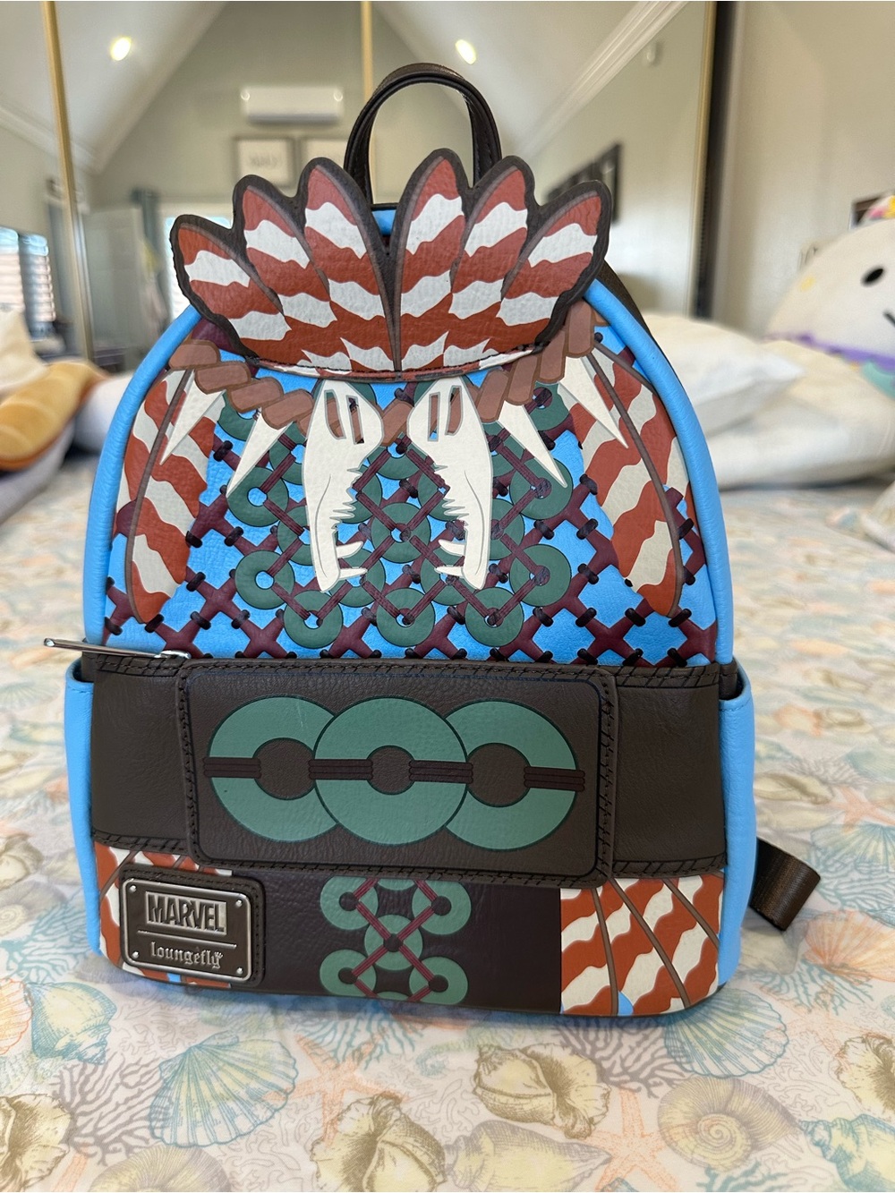 Loungefly Blue, Brown & Green Tribal Mini Backpack with Feather Appliqué